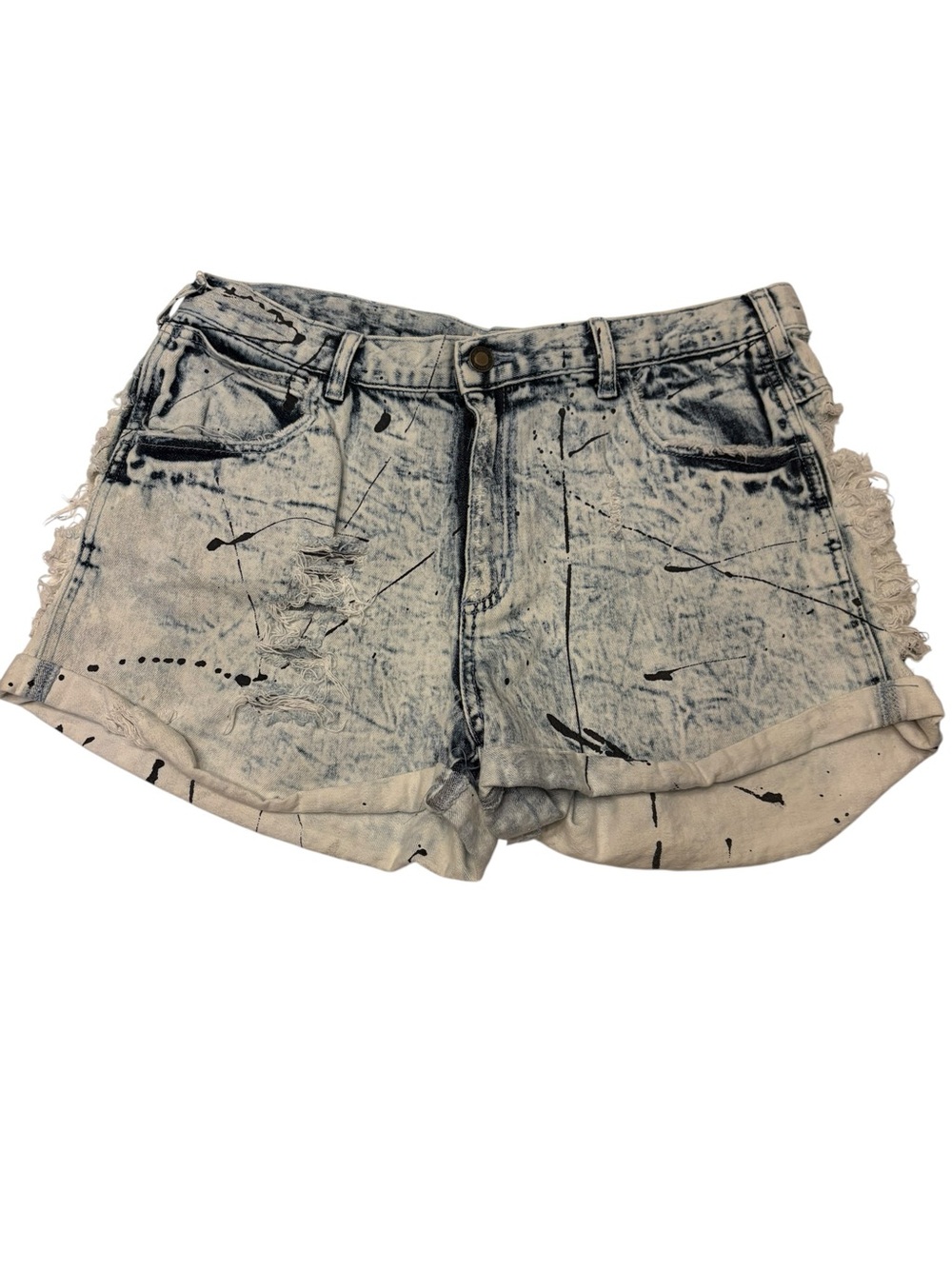 Angel Kiss Light Blue Acid-Wash Denim Shorts with Black Paint Splatter sz 17